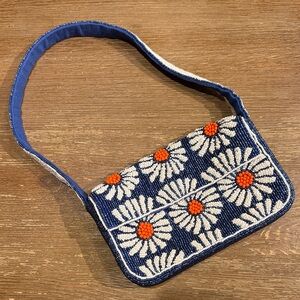Anthropologie Floral Beaded Shoulder Bag - Blue and White